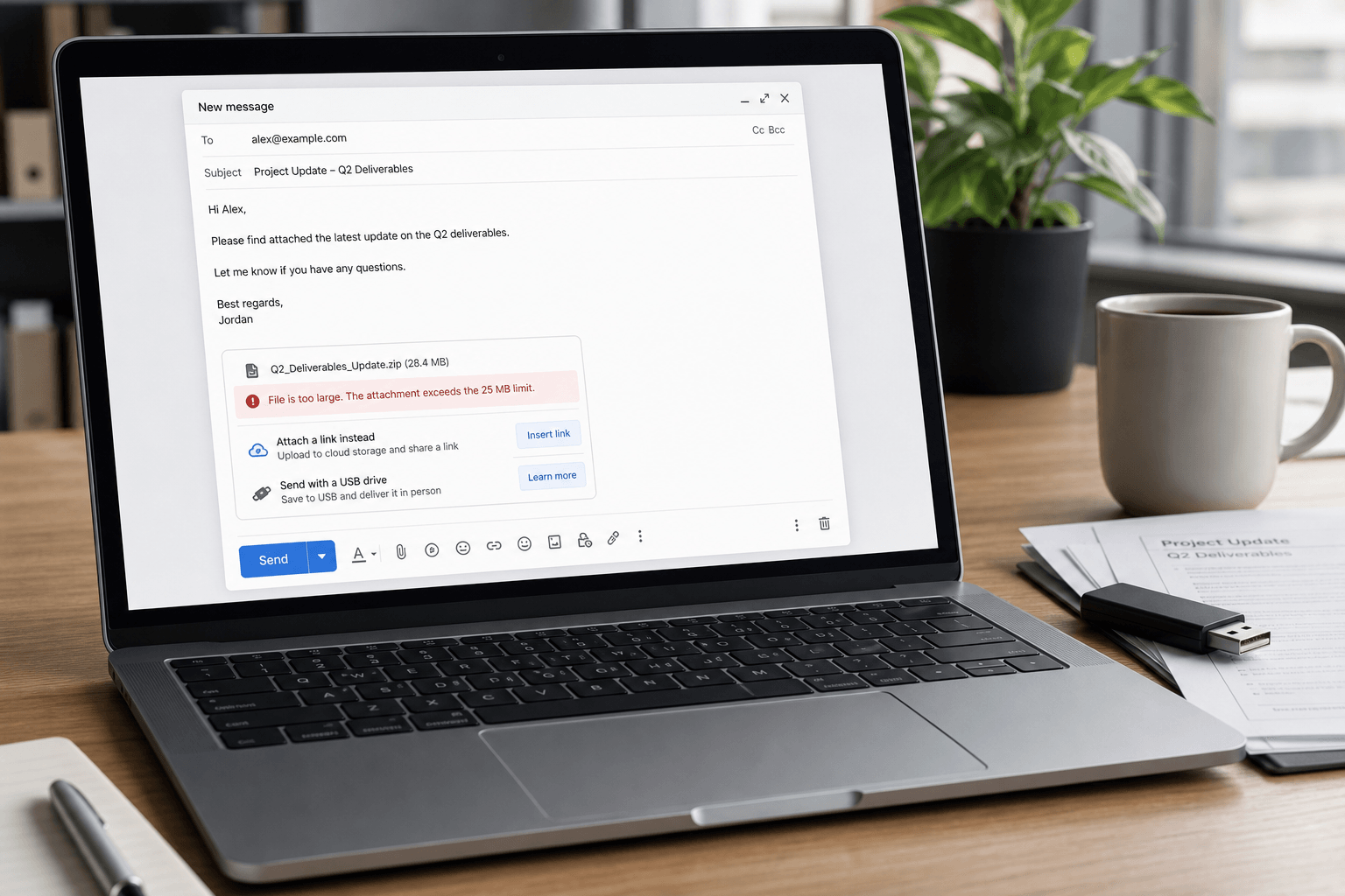 Laptop showing email compose with large file and cloud upload link alternative