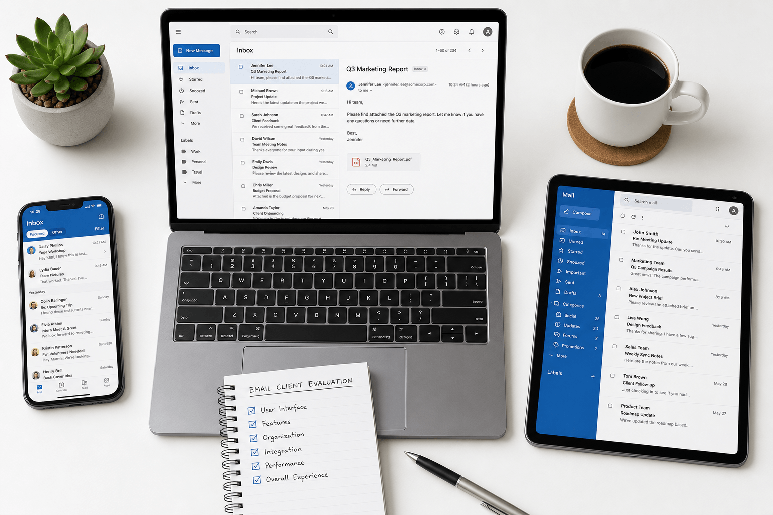Multiple devices showing different email clients for comparison