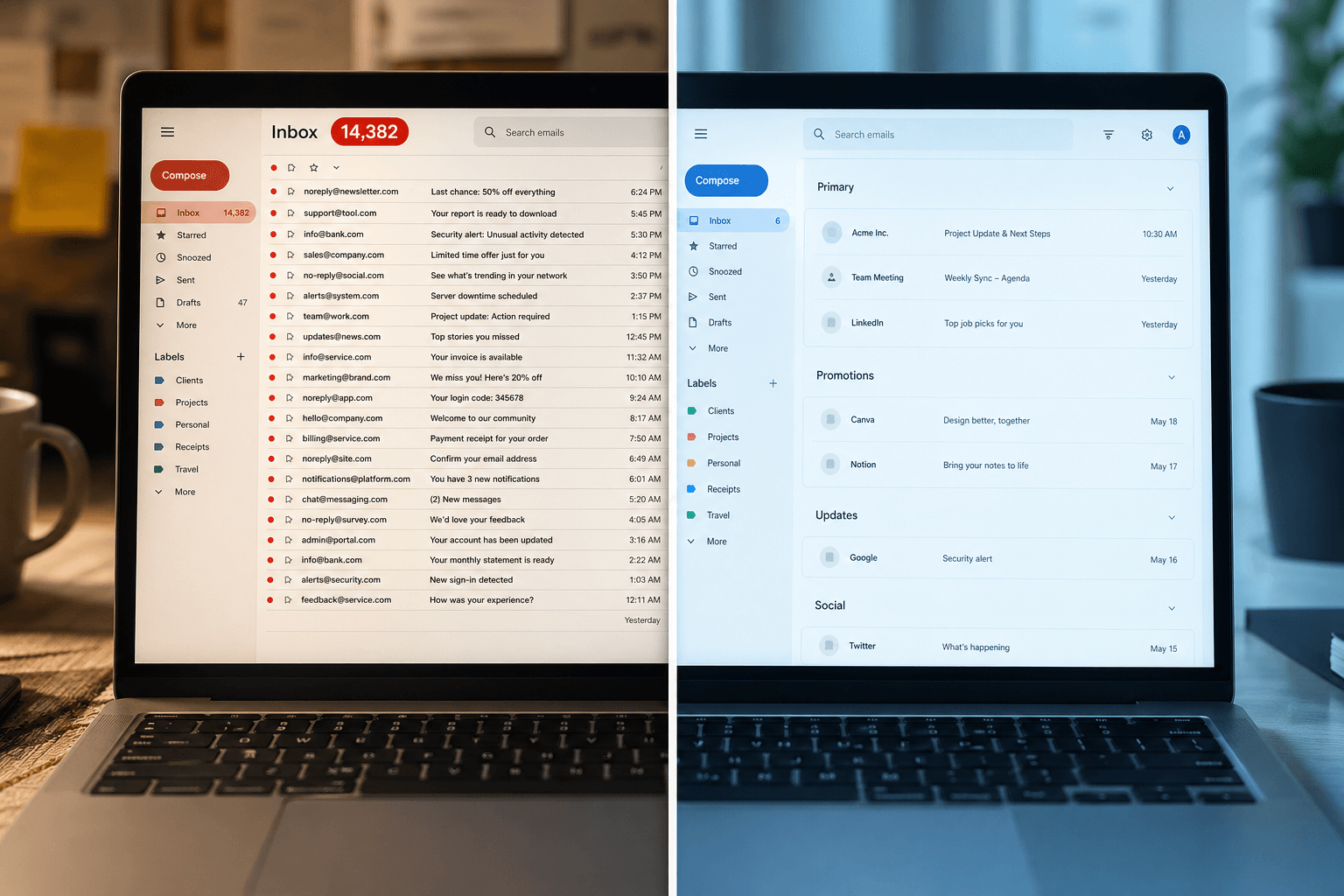 Before and after comparison of a cluttered inbox versus a clean organized inbox