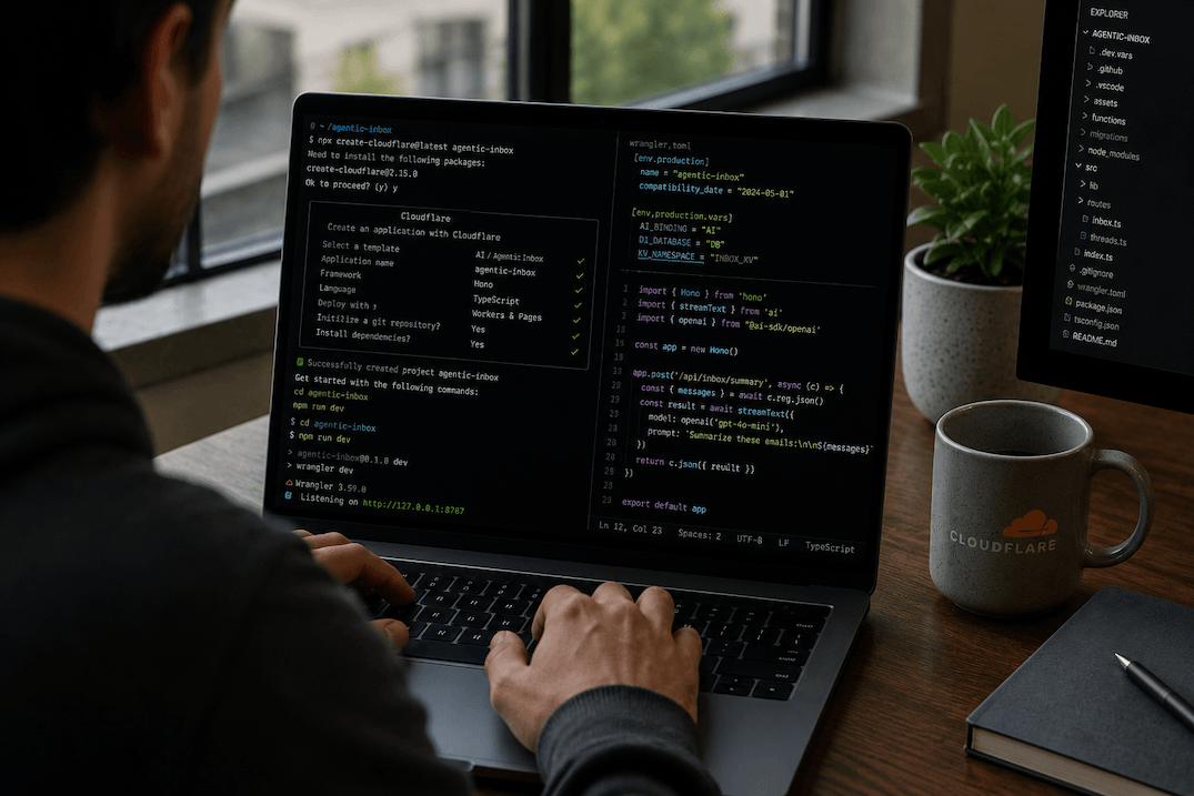 Developer laptop showing code alongside a polished email interface comparison