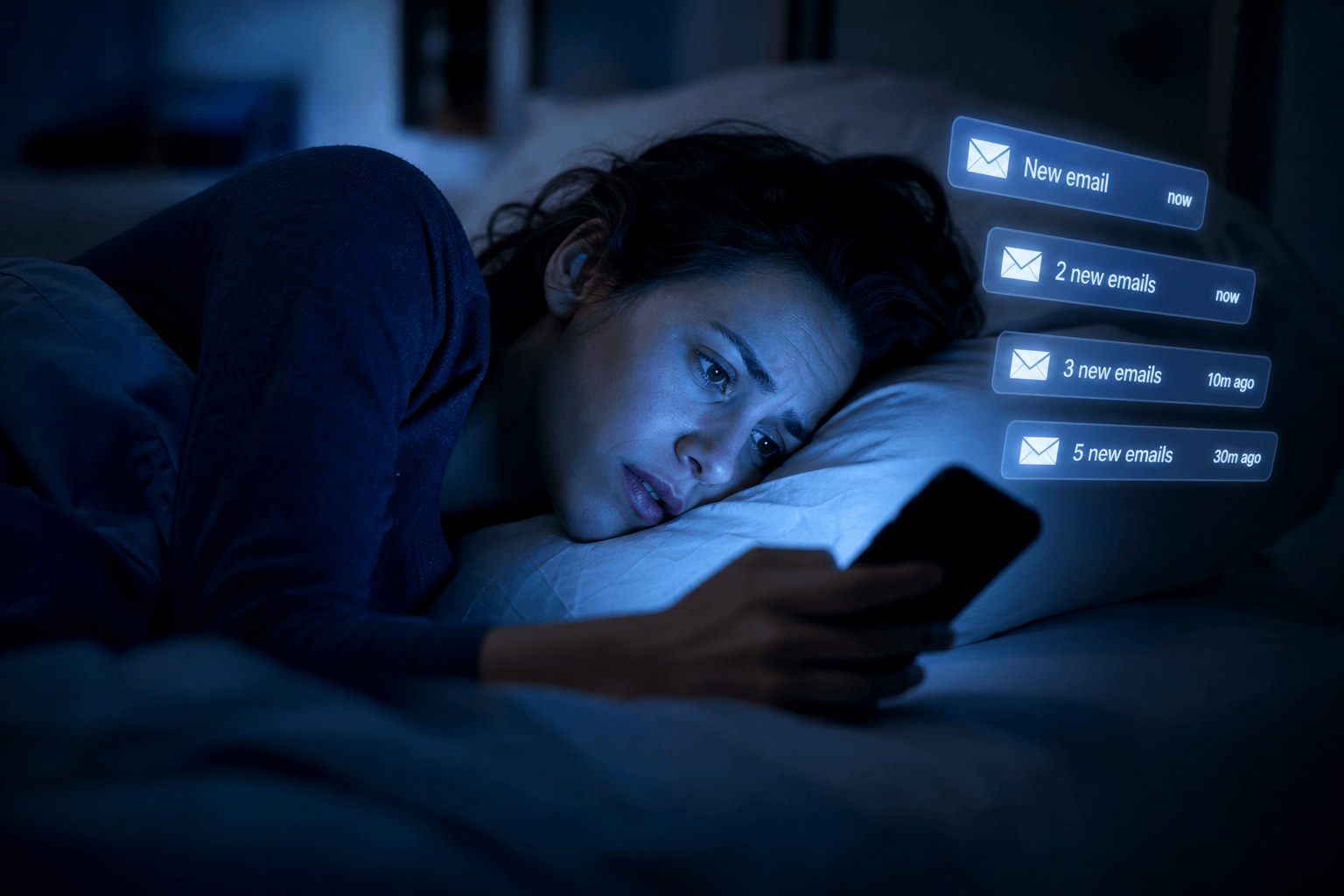 Person in bed at night lit by phone showing email notifications