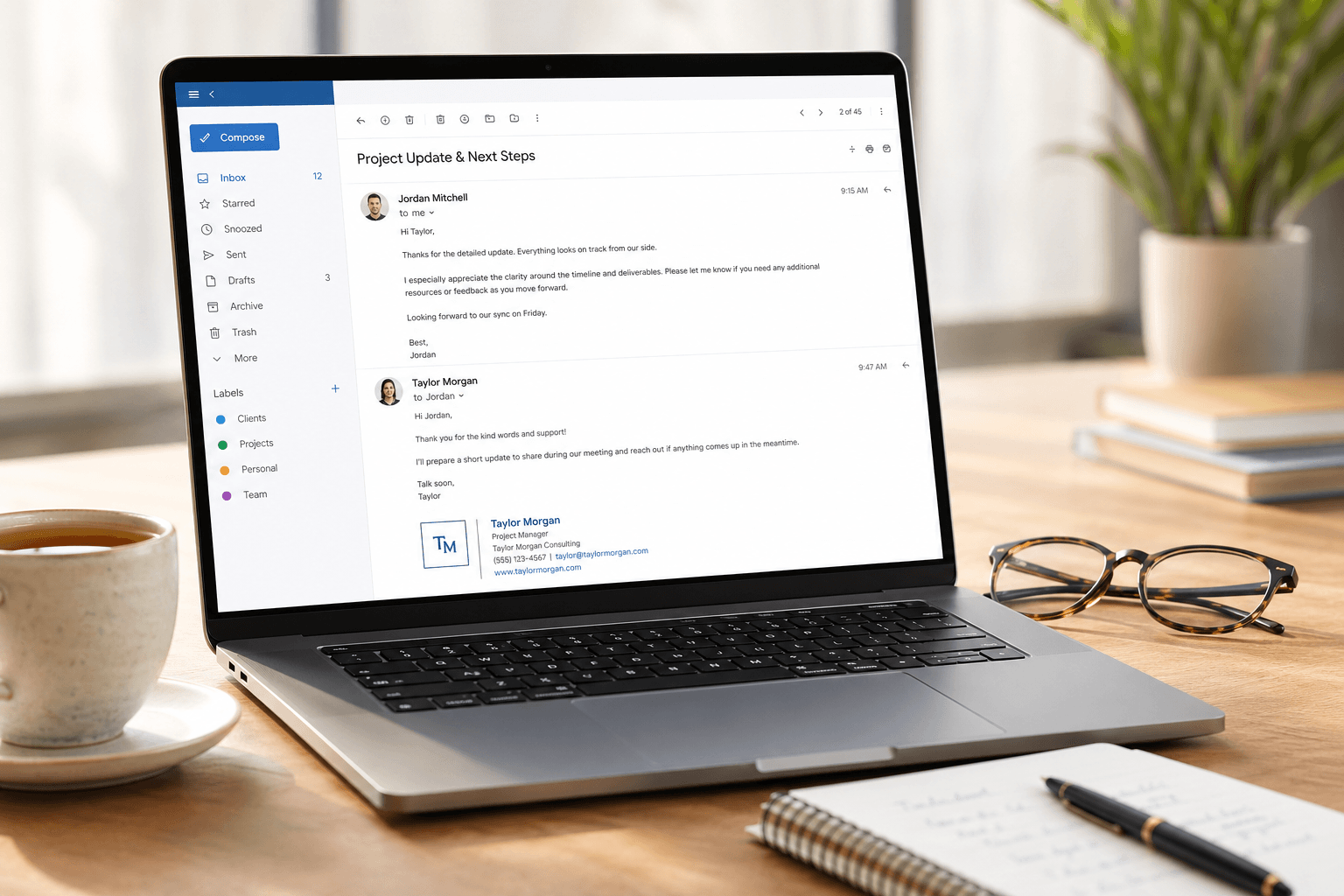 Laptop showing a professional email conversation with proper etiquette