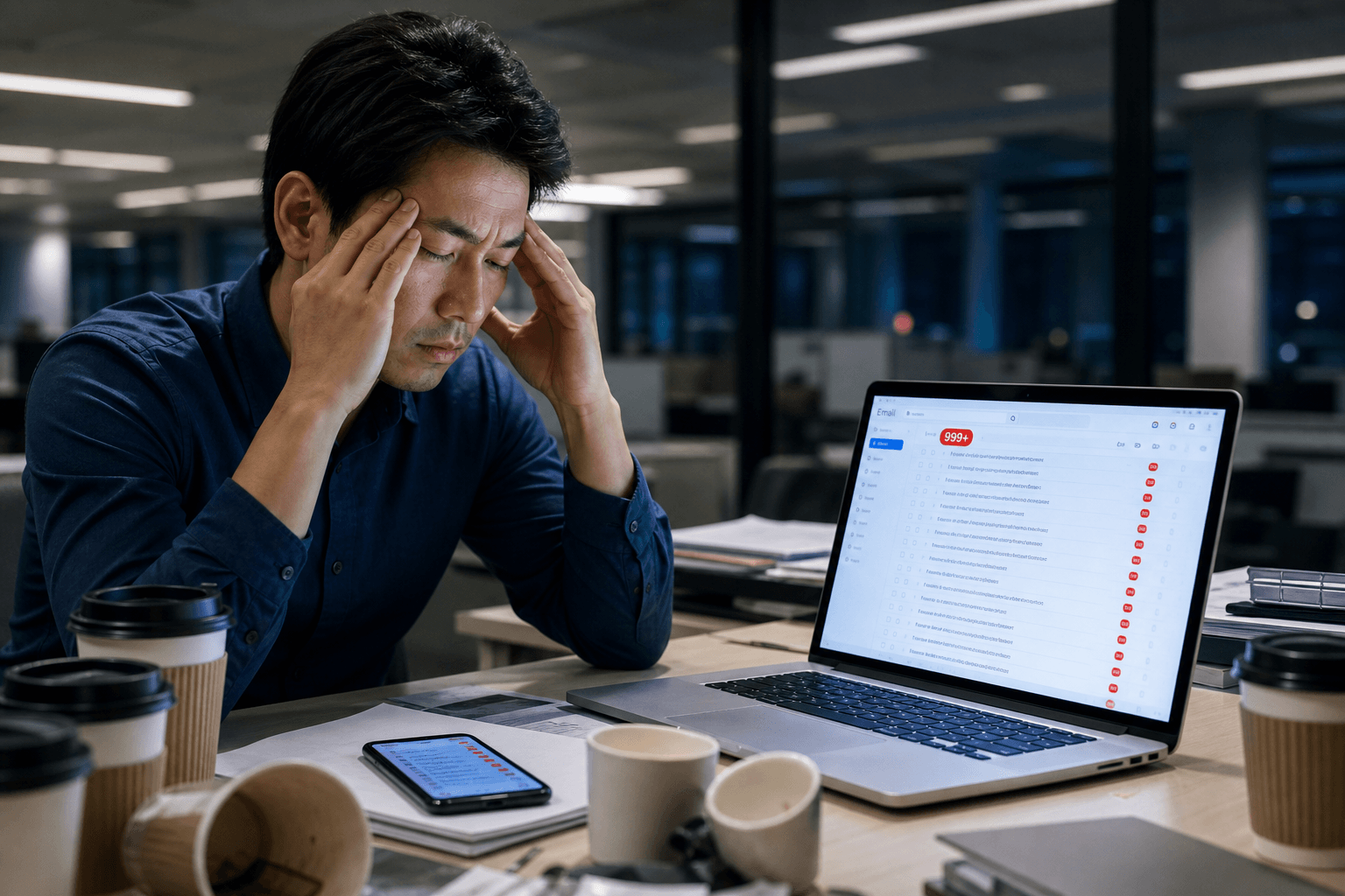 Person exhausted by overwhelming email notifications