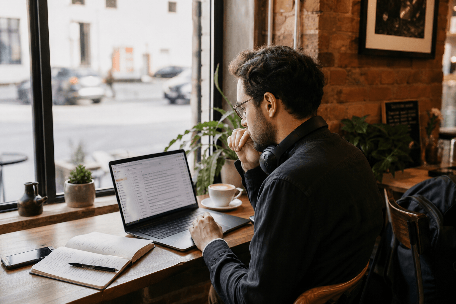 Freelancer working on email at a coffee shop