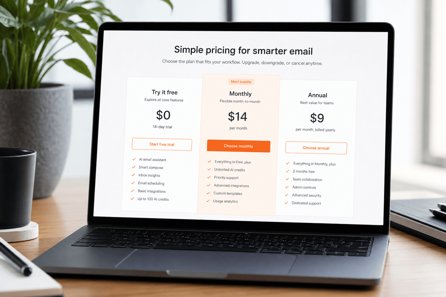 Comparing email assistant pricing and trial options on screen