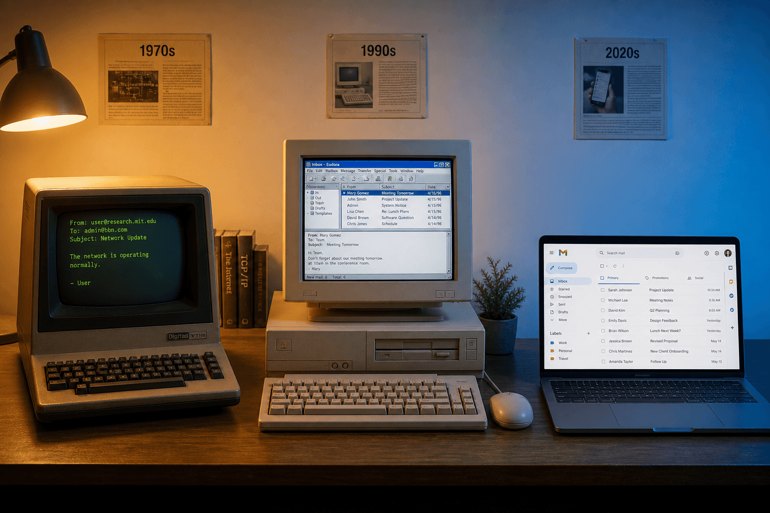 Evolution of email from 1970s terminal to modern laptop