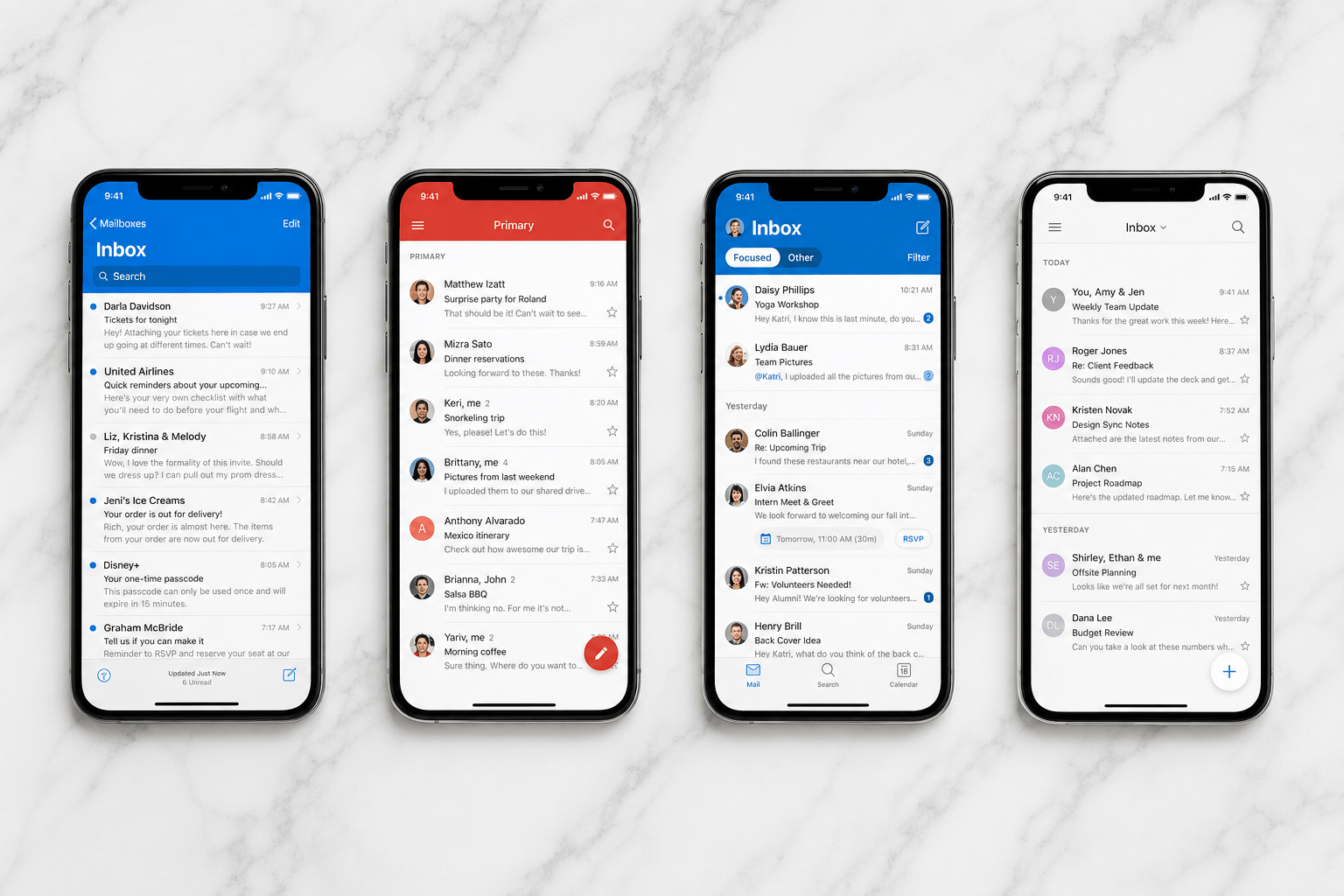 Multiple smartphones showing different email apps side by side