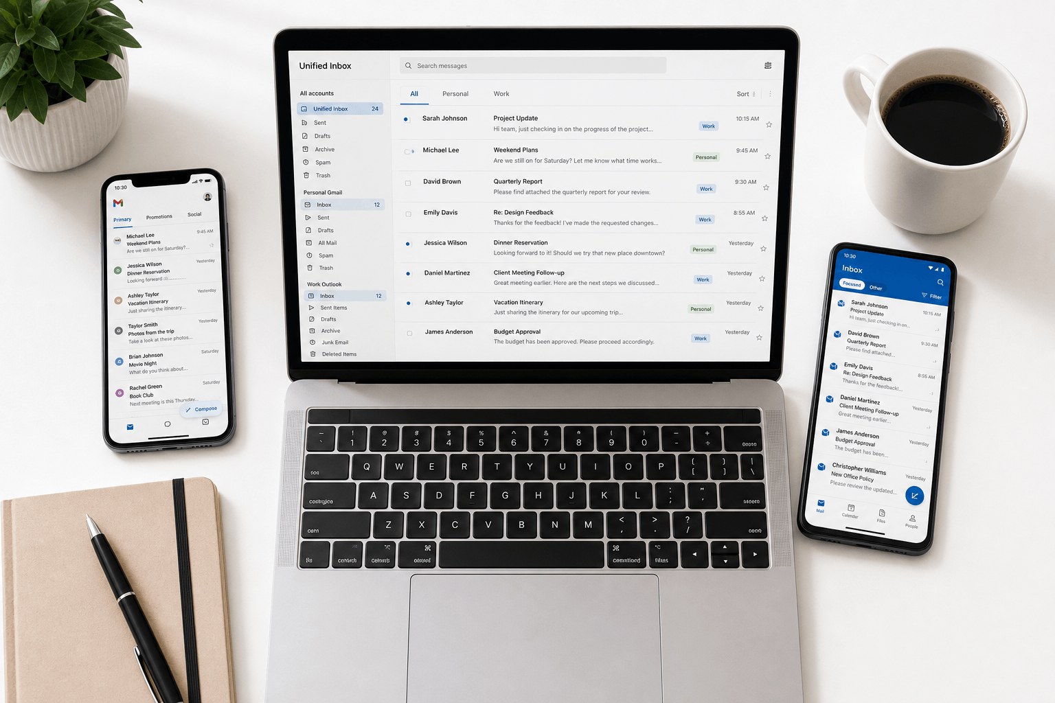 Person managing multiple email accounts across two monitors and phone