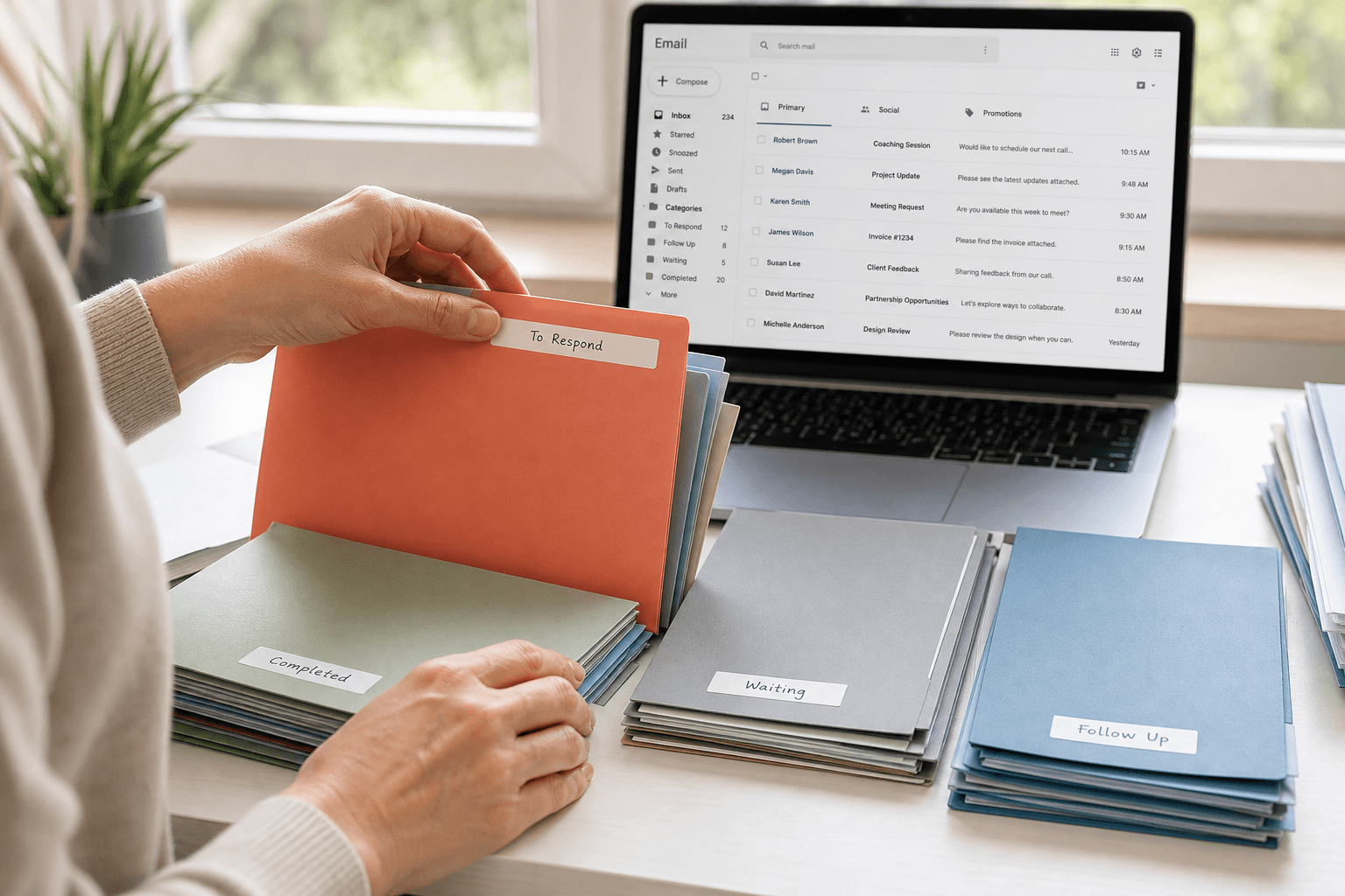 Organizing folders on a desk alongside an email inbox