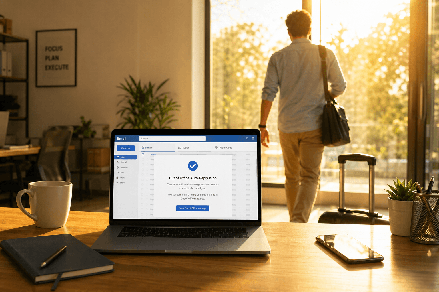 Person walking away from desk with laptop showing Out of Office auto-reply confirmation