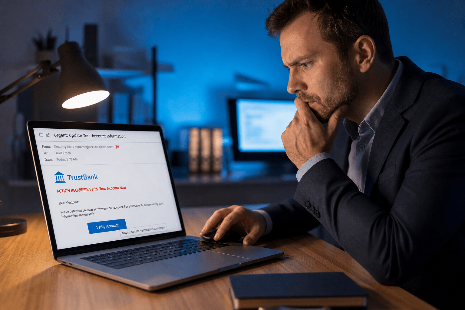 Suspicious email on screen with warning cue thoughtful user pausing before clicking