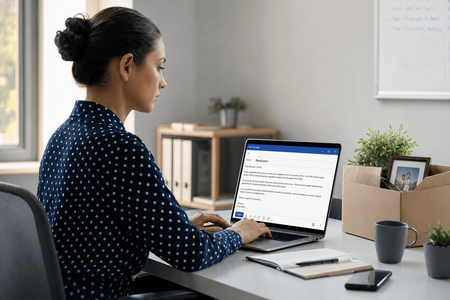 Professional composing a resignation email on their laptop