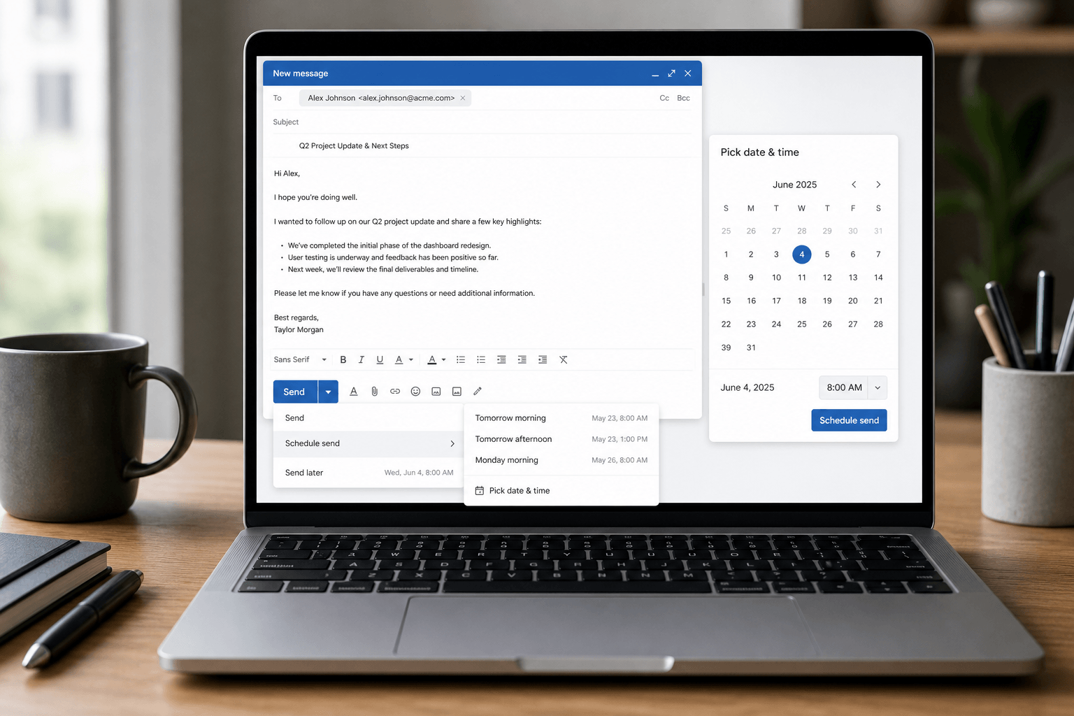 Email compose window with schedule send option and calendar picker