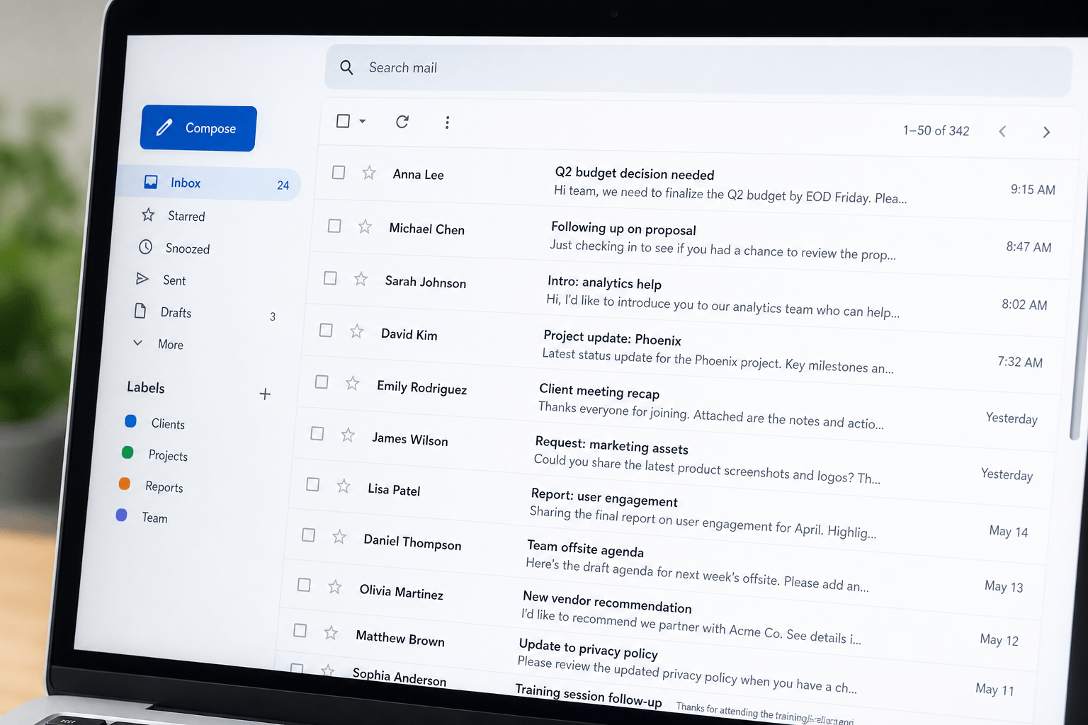 Email inbox list emphasizing clear subject lines on screen