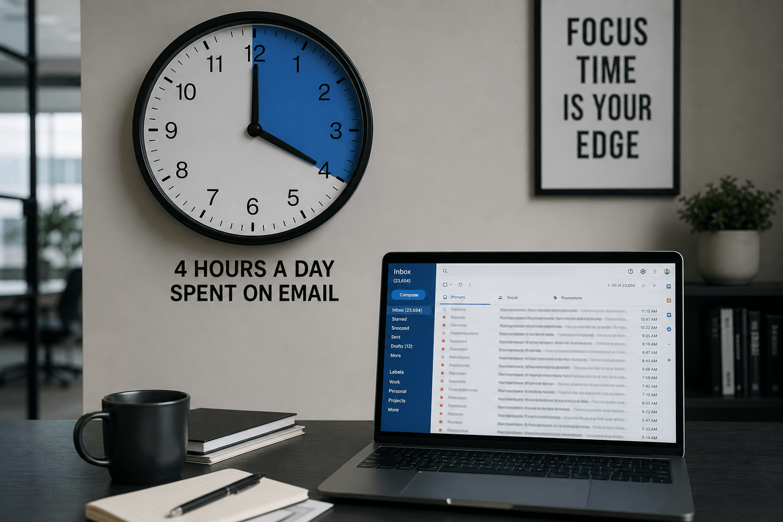 Wall clock showing 4 hours highlighted next to an overflowing inbox
