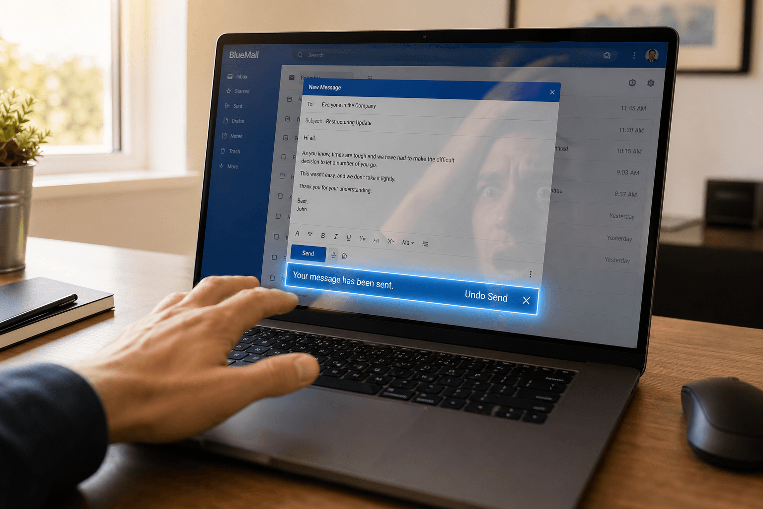 Laptop showing an Undo Send notification after sending an email