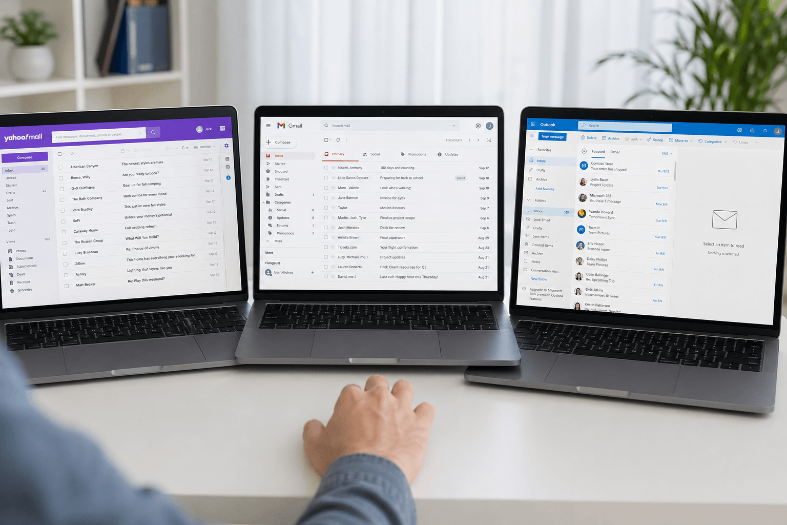Three laptops showing Yahoo Mail, Gmail, and Outlook side by side